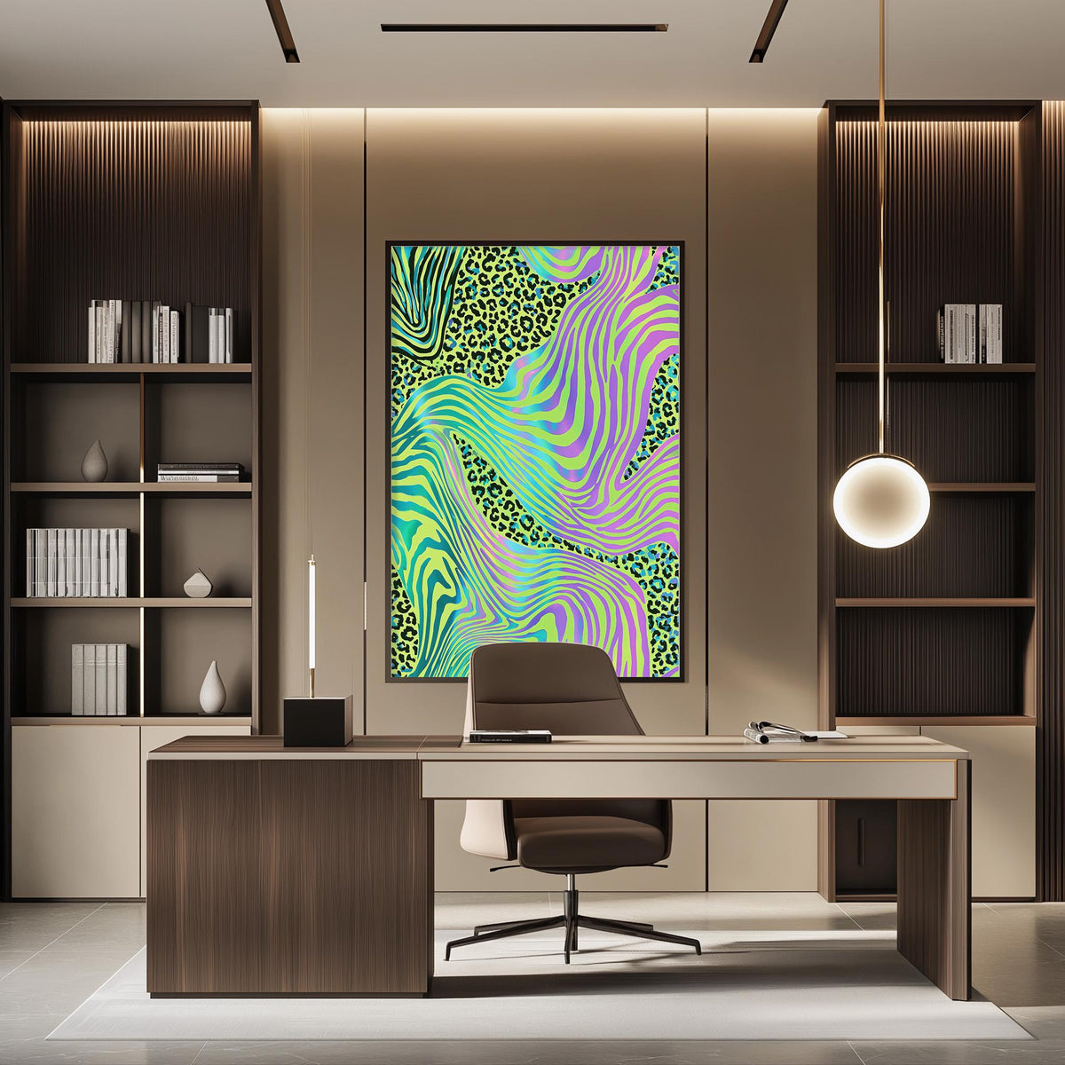a modern and stylish office space with a large abstract painting featuring a vibrant mix of green, purple, and yellow colors on the wall behind a wooden desk. The desk is positioned in front of the painting, creating a visually appealing focal point in the room.