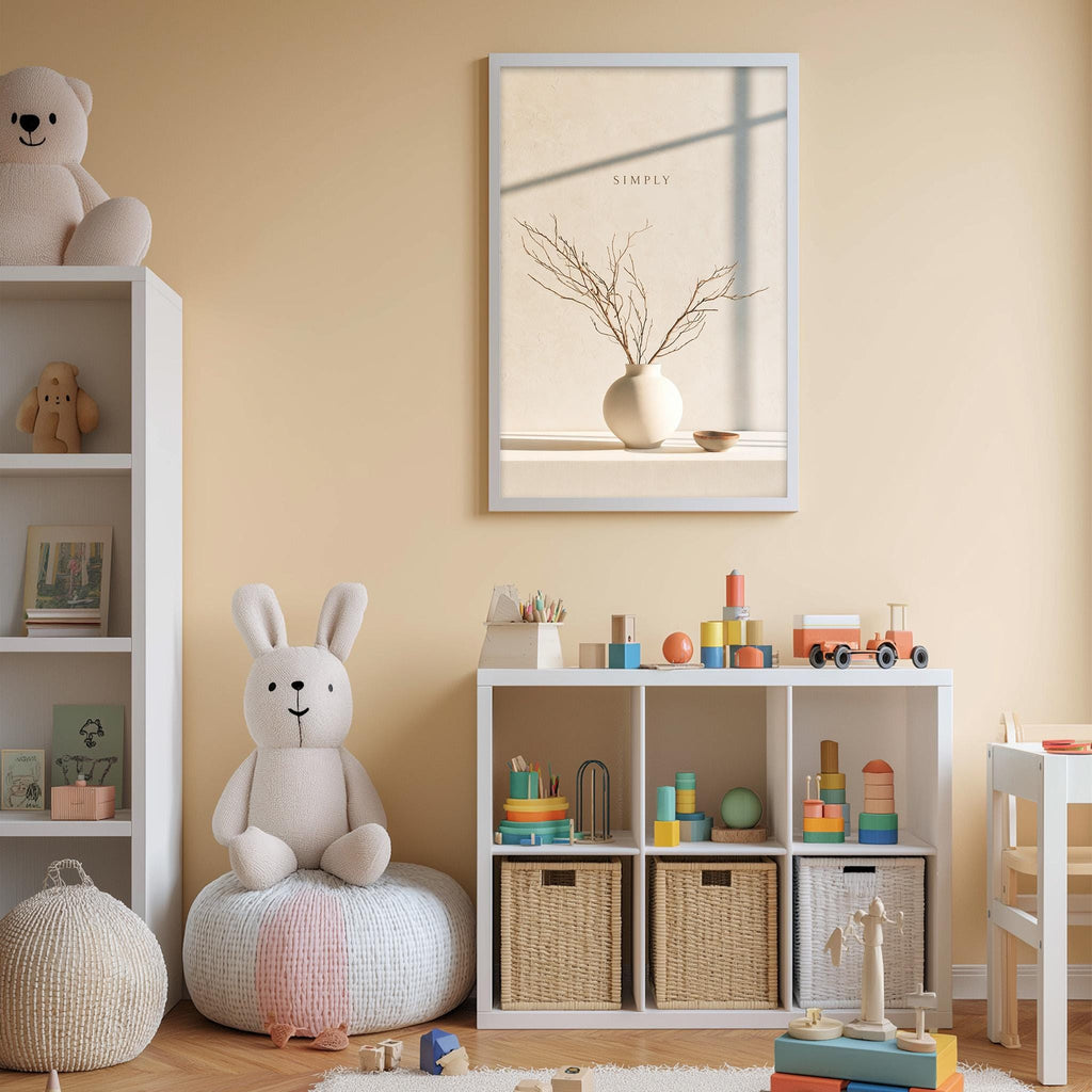 A cozy and well-organized children's playroom with a variety of toys and storage solutions. The room features a large white bookshelf, a plush rabbit, a colorful toy train, and a white storage unit with shelves and baskets. A framed picture of a vase with branches hangs on the wall, adding a decorative touch to the space.