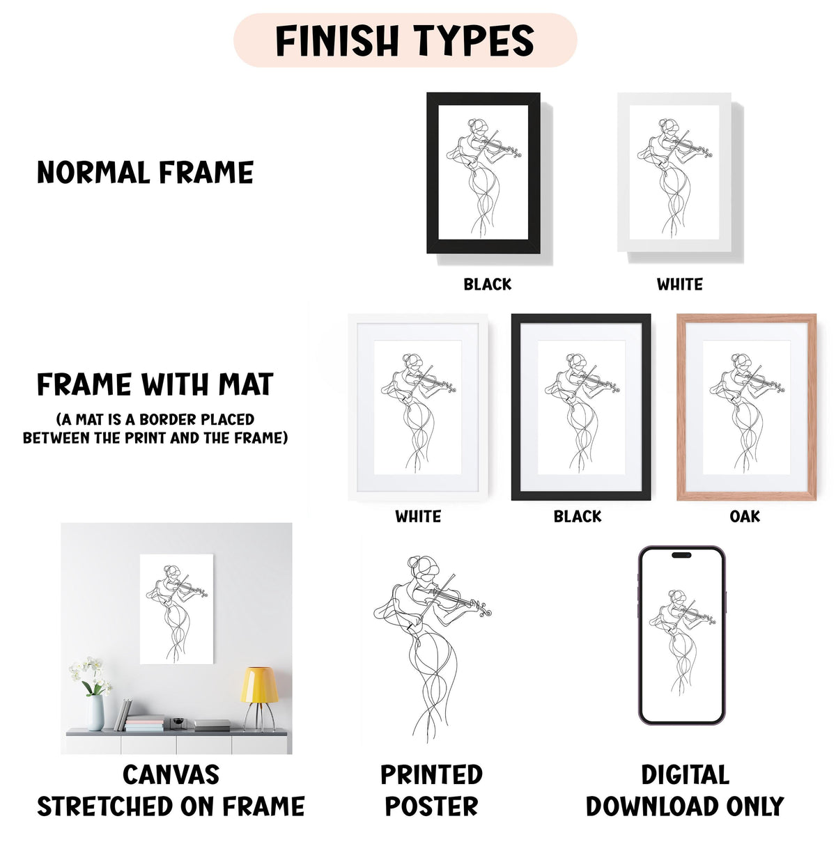 various types of artwork, including a canvas stretched on a frame, a framed poster, and a digital poster. The artwork is presented in different frame colors and styles, such as a normal frame, a black frame, a white frame, and an oak frame. The artwork is also described as a canvas stretched on a frame, a printed poster, and a digital download only. The image is a collage of multiple images, and the text provides information about the different frame types and the artwork displayed.