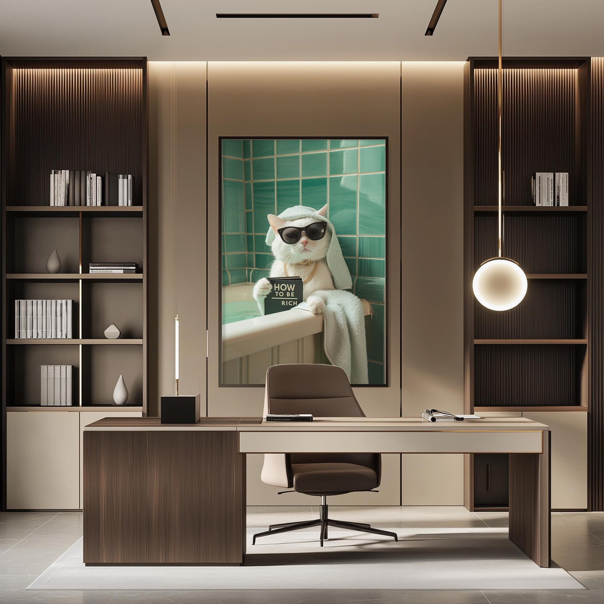 a modern office space with a large framed poster of a cat wearing sunglasses and a towel, sitting on a bathtub. The cat appears to be in a relaxed and playful mood, adding a whimsical touch to the otherwise professional setting.