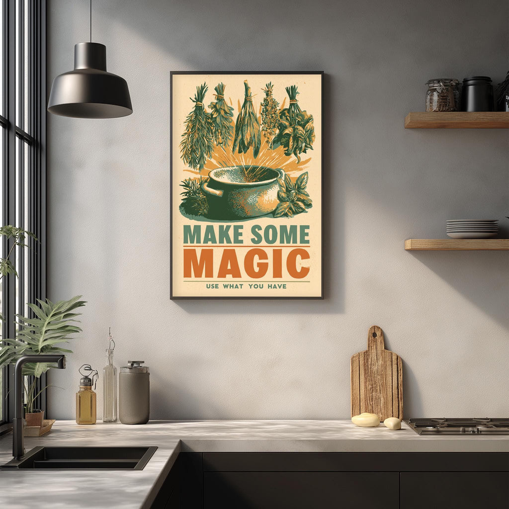 a kitchen counter with various kitchen items, such as a cutting board, a sink, and a potted plant. Above the counter, there is a framed poster with the text "MAKE SOME MAGIC USE WHAT YOU HAVE" displayed on it.