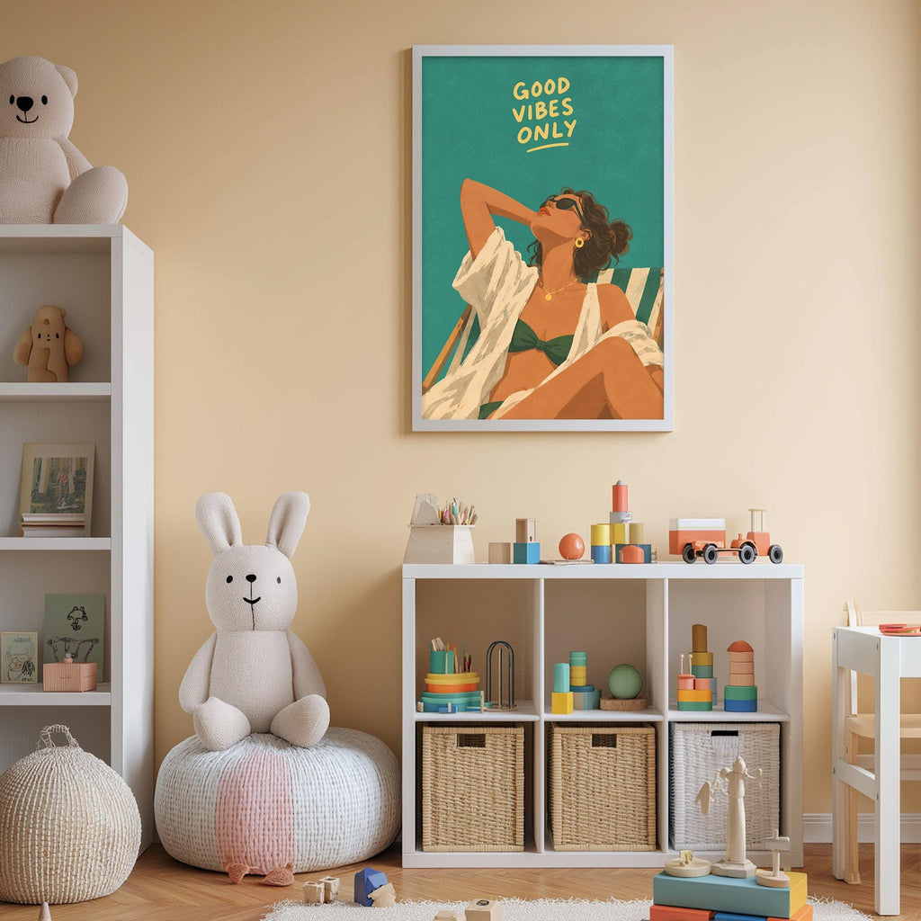 A child's bedroom with a large poster of a woman in a bikini, a stuffed rabbit, a bookshelf, and a toy chest.