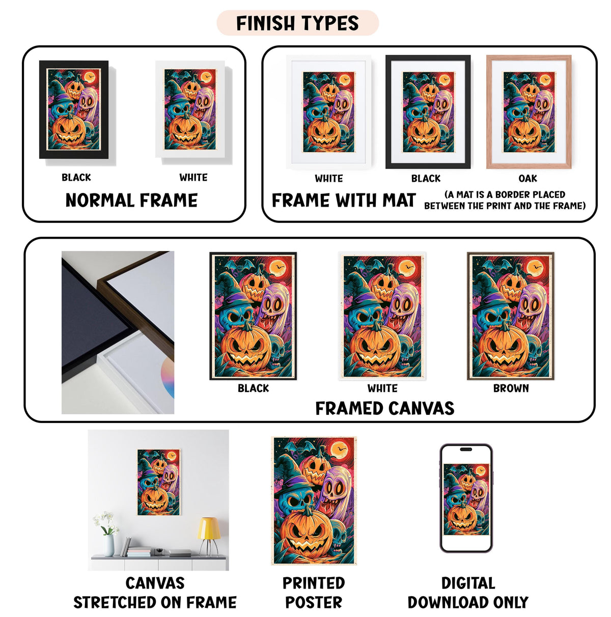 various finish types for a Halloween-themed artwork, including canvas, framed canvas, printed poster, and digital download.