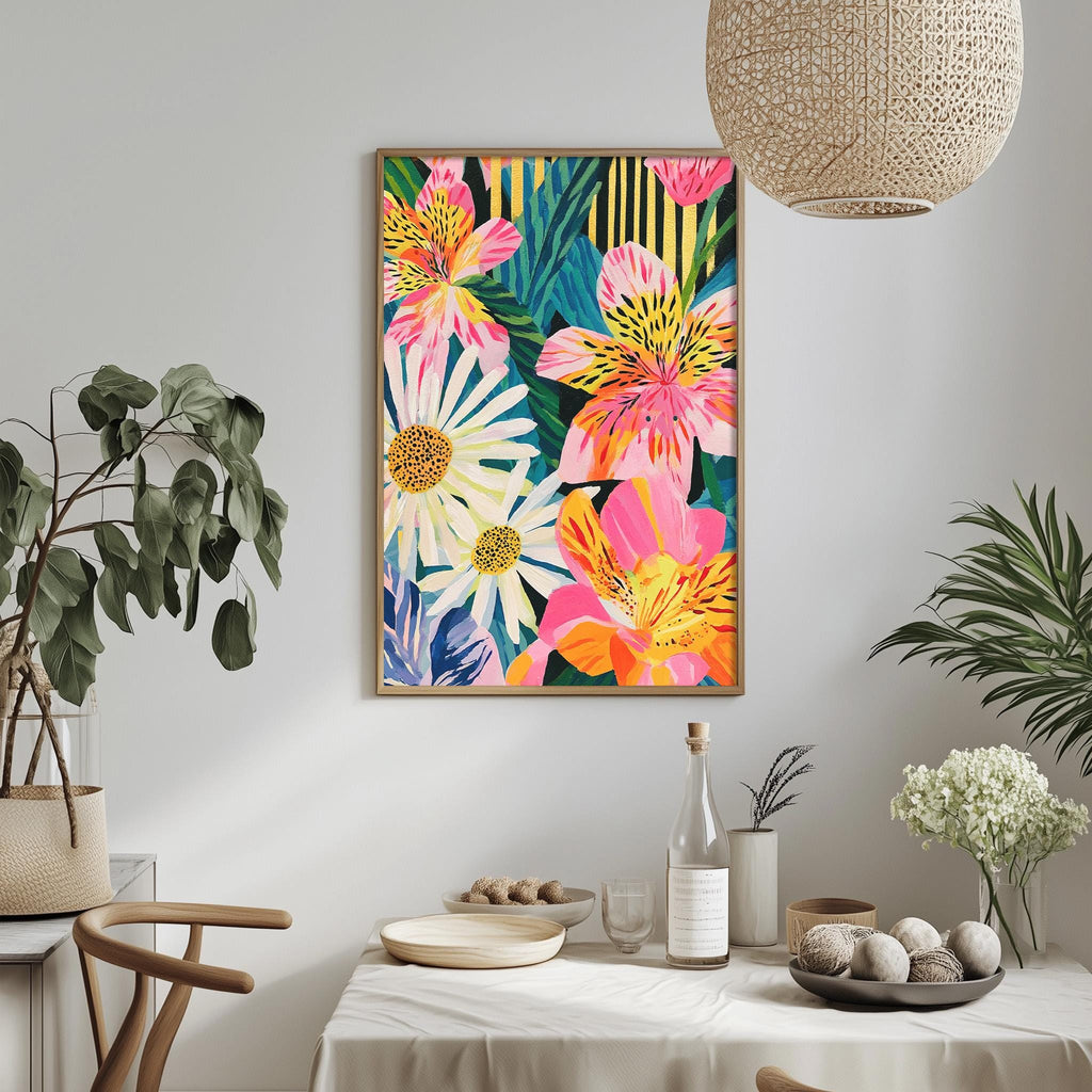 a vibrant and colorful floral print hanging on a wall above a dining table, which is set with various decorative items such as a potted plant, a vase, and a bowl.