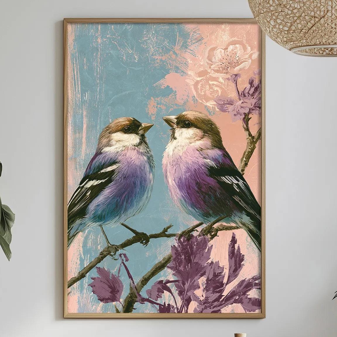 a dining table with a white tablecloth, a bowl of fruit, a bottle, and a vase with flowers. Above the table, there is a framed painting of two birds perched on a branch with flowers.