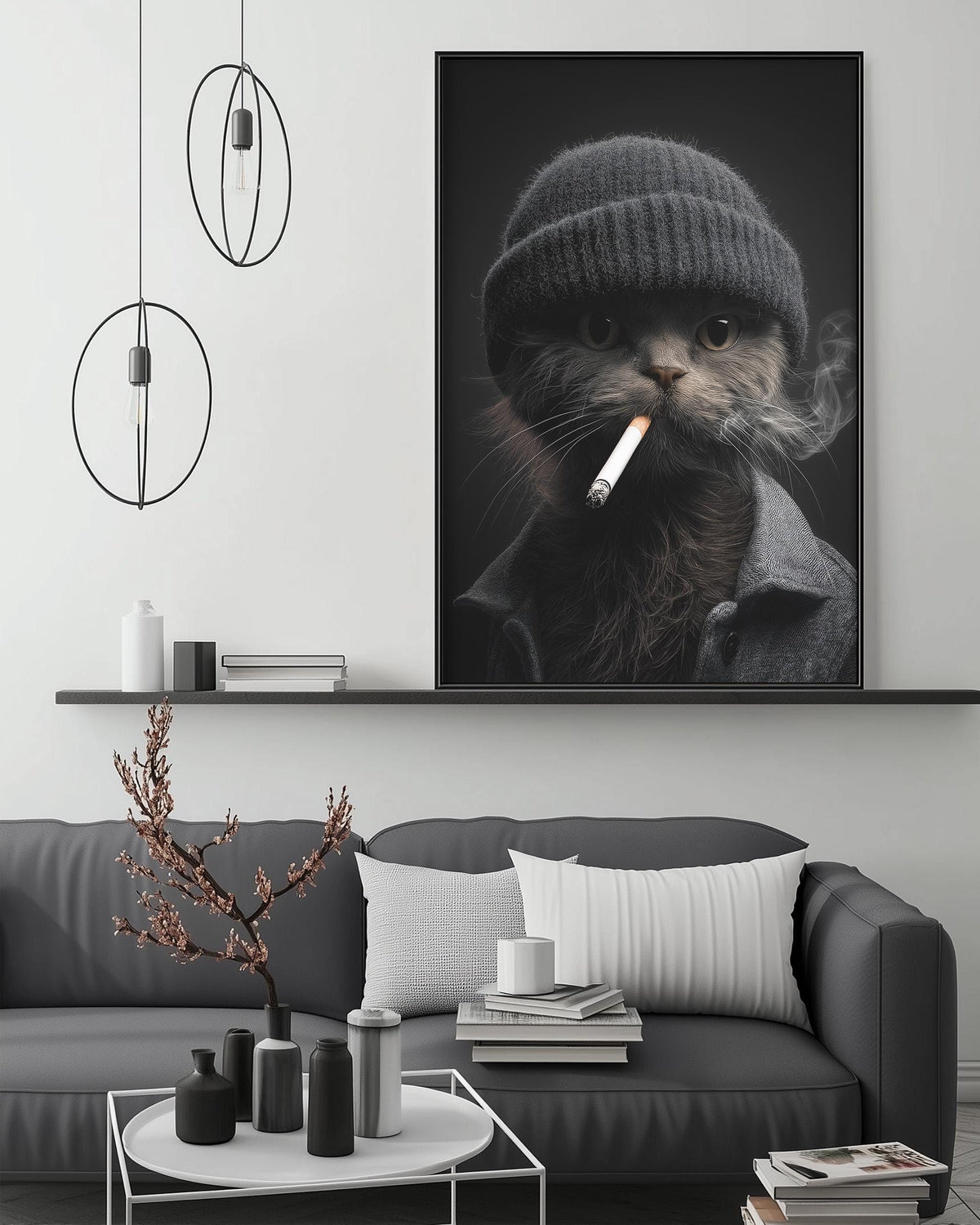 a gray cat wearing a knit hat and smoking a cigarette, with a large framed picture of the cat above a gray couch in a living room setting.