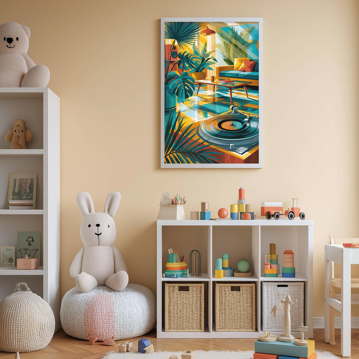 A child's bedroom with a large stuffed rabbit, a bookshelf, and a colorful abstract painting on the wall.