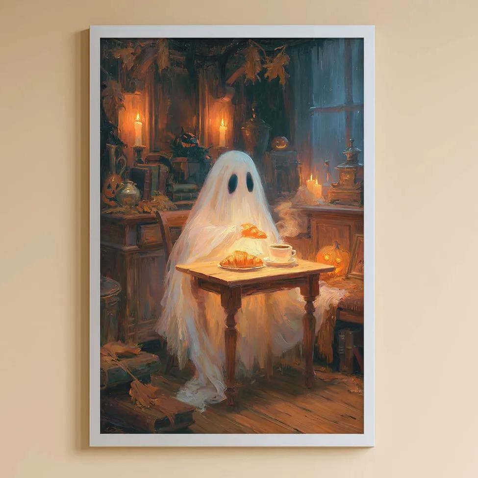 a cozy and whimsical children's bedroom, featuring a large framed ghost painting on the wall, a white bookshelf filled with toys, and a plush bunny sitting on a bean bag chair.