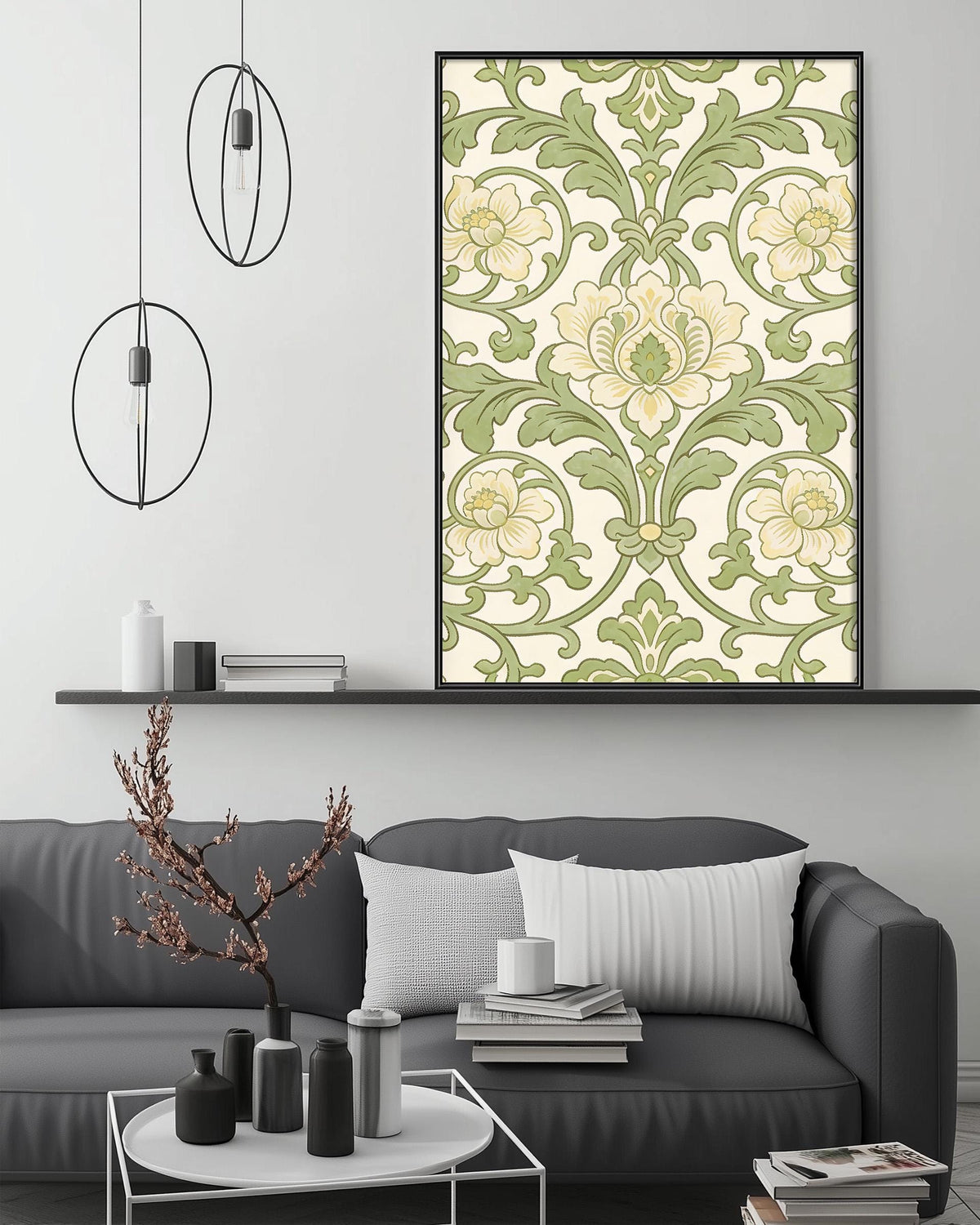 a modern living room with a gray sofa, a coffee table, and a large framed floral print hanging on the wall above the sofa.
