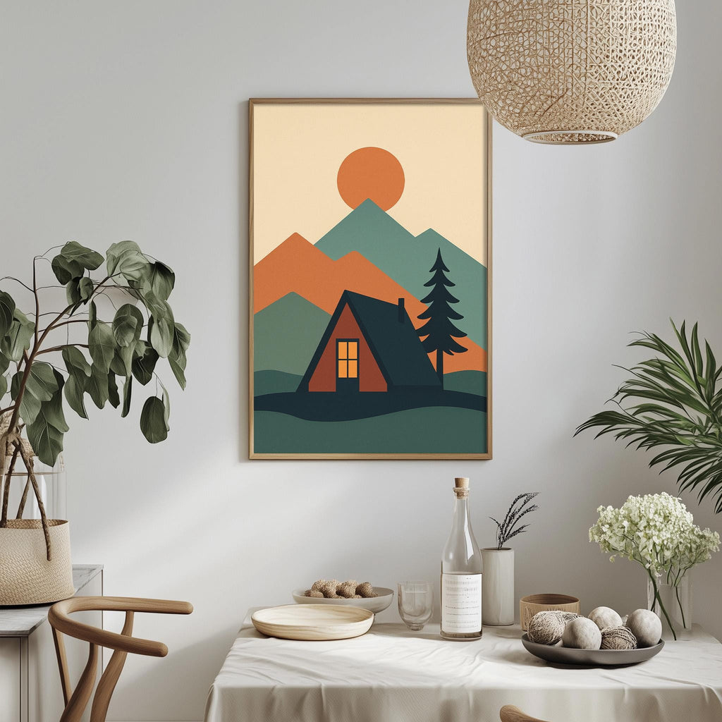 a cozy cabin scene with mountains in the background, a hanging lamp, and a dining table with a vase of flowers and a bottle of wine.