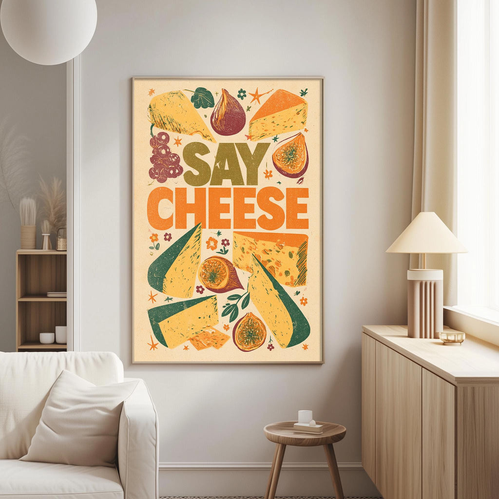 a poster with the text "Say Cheese" and various cheese-related images, such as slices of cheese, a cheese wheel, and a cheese platter.