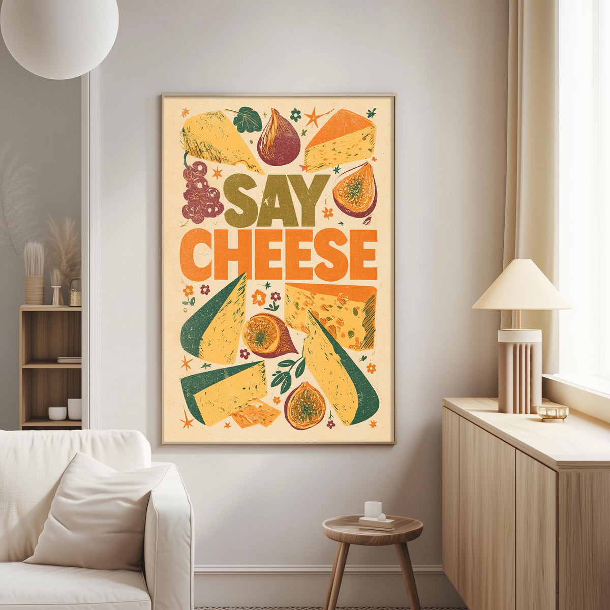 a poster with the text "Say Cheese" and various cheese-related images, such as slices of cheese, a cheese wheel, and a cheese platter.