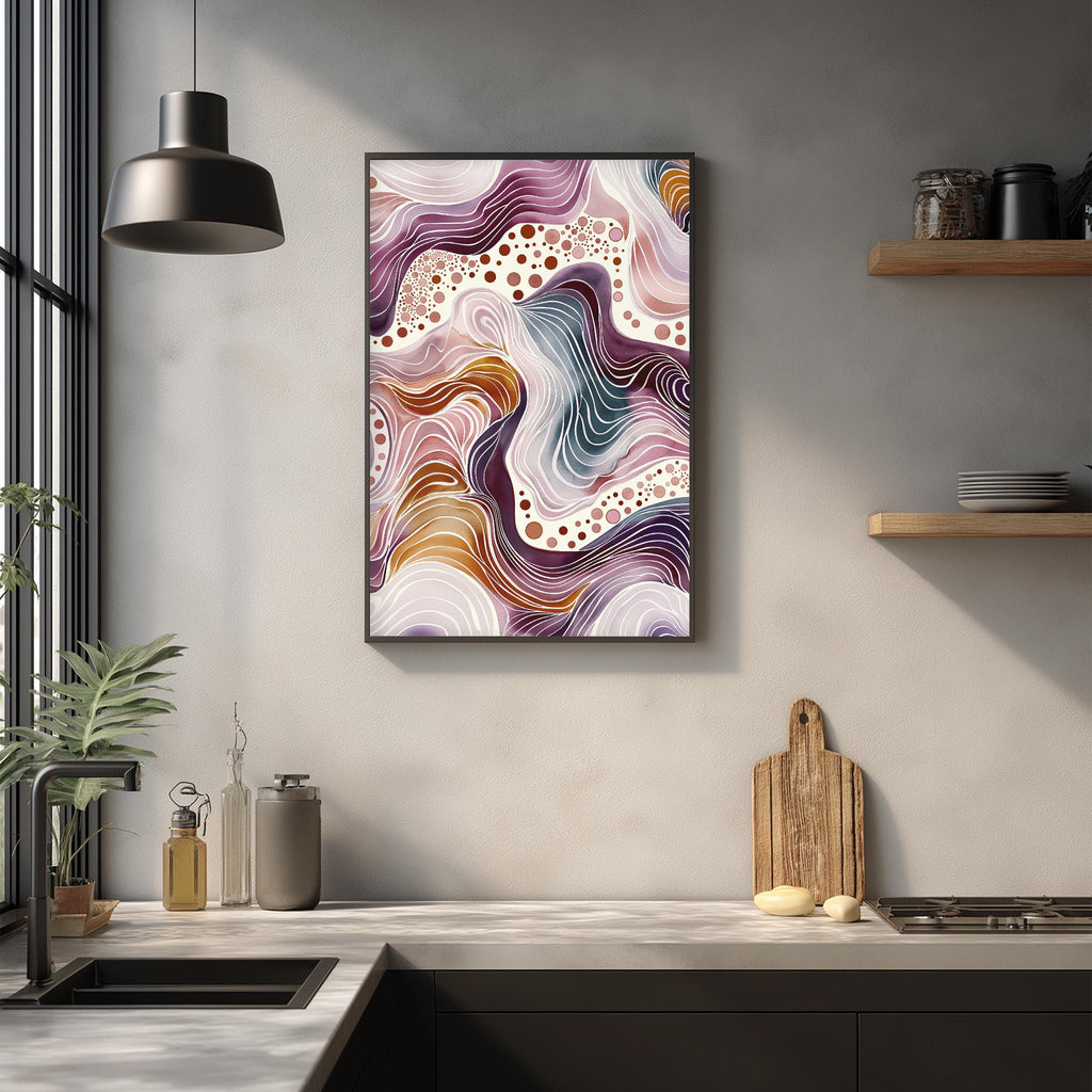 a modern kitchen with a large abstract painting hanging on the wall above a wooden cutting board and other kitchen items.