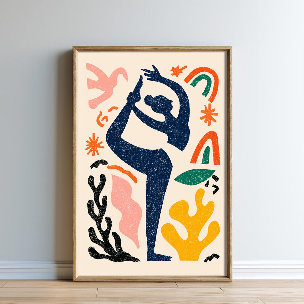 The image is a framed artwork depicting a stylized figure in a yoga pose, surrounded by various abstract shapes and patterns in vibrant colors.