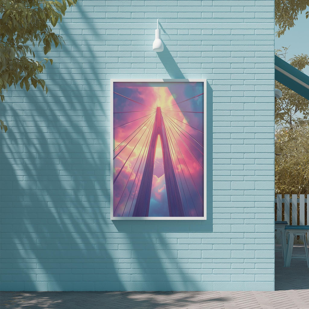 a large, colorful painting of a bridge with a dramatic sky in the background, hanging on a light blue brick wall.
