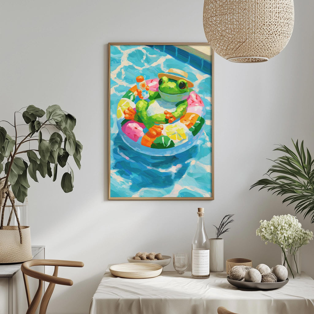 a vibrant painting of a frog swimming in a pool, surrounded by colorful fruits and flowers, hanging on a wall above a table with various items on it.