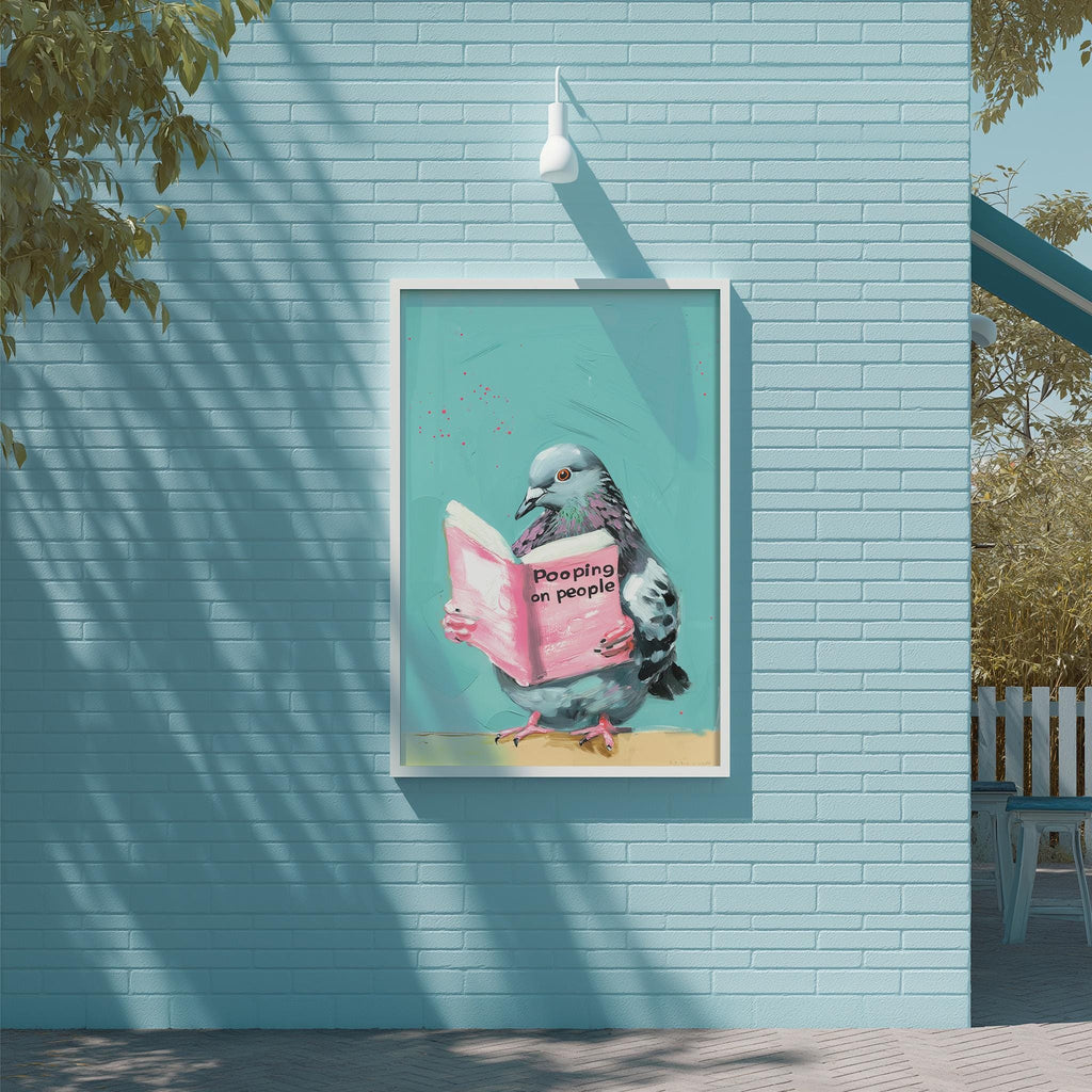 A poster of a pigeon reading a book, with the text "Pigeon reading a book" on it, is displayed on a blue brick wall.
