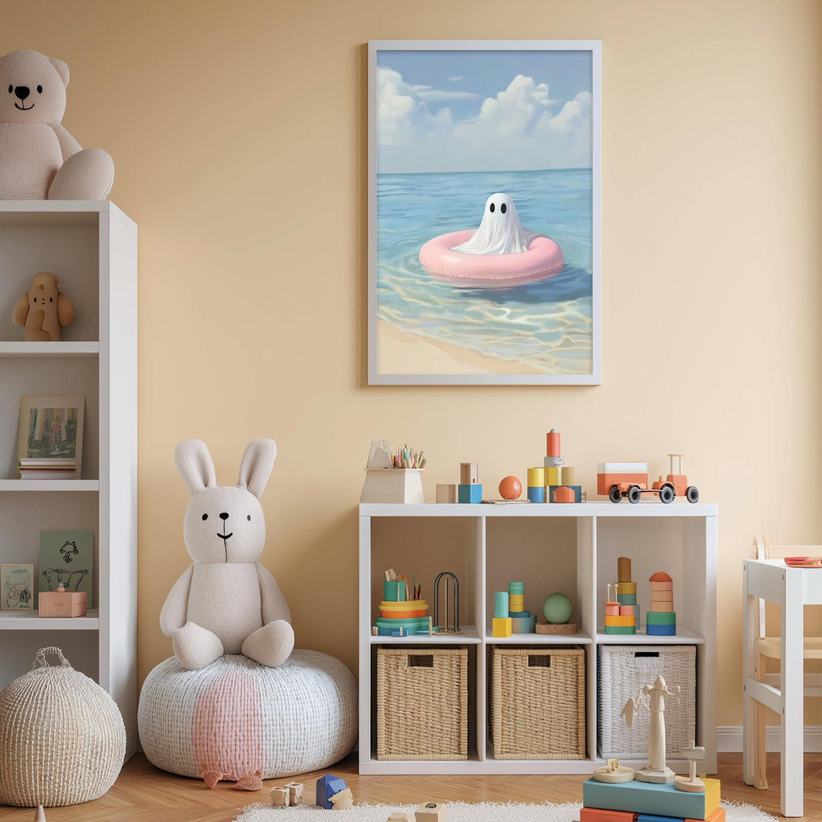 A child's bedroom with a white bookshelf, a stuffed bunny, a toy train, and a framed painting of a ghost floating on a pink raft in the ocean.