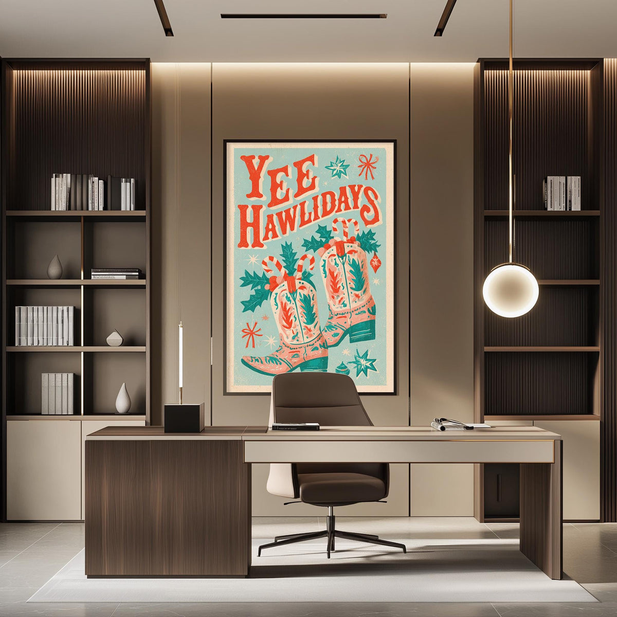 a modern office space with a large framed poster of a pair of cowboy boots and the text "YEEhawlidays" on the wall. The office has a wooden desk, a chair, and a bookshelf filled with books.