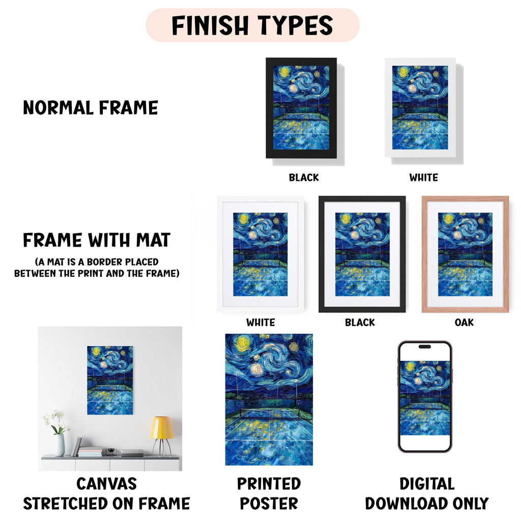various types of artwork, including a canvas stretched on a frame, a framed poster, and a digital poster. The artwork is presented in different frame colors, such as black, white, and brown. The image also includes a description of the artwork, including the finish types and the materials used, such as canvas and poster.