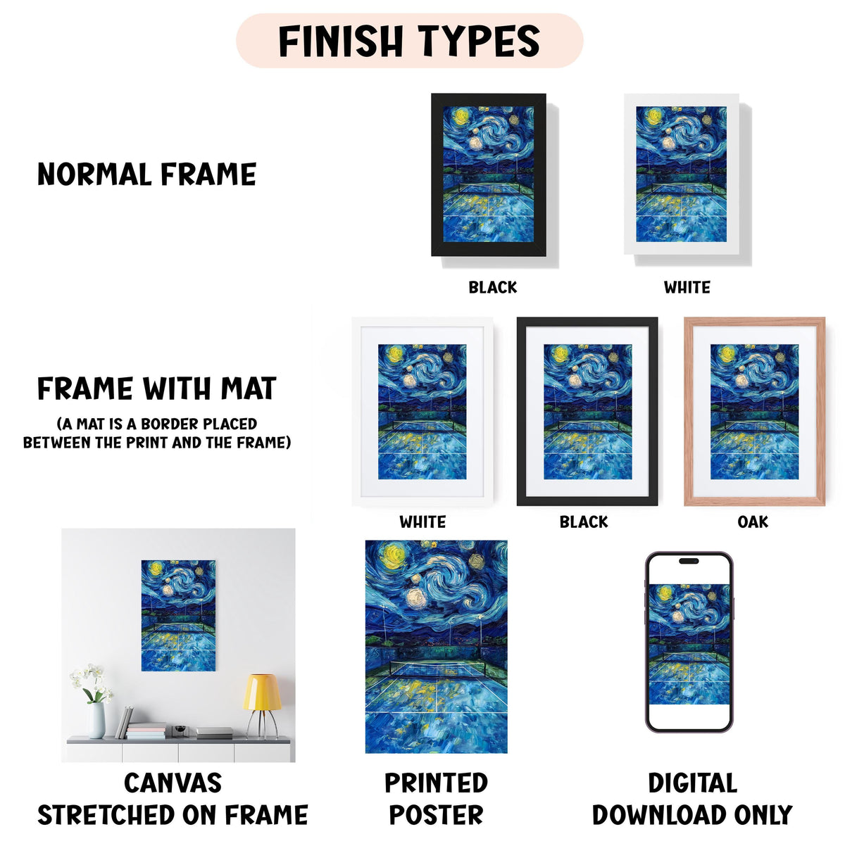 various types of artwork, including a canvas stretched on a frame, a framed poster, and a digital poster. The artwork is presented in different frame colors, such as black, white, and brown. The image also includes a description of the artwork, including the finish types and the materials used, such as canvas and poster.