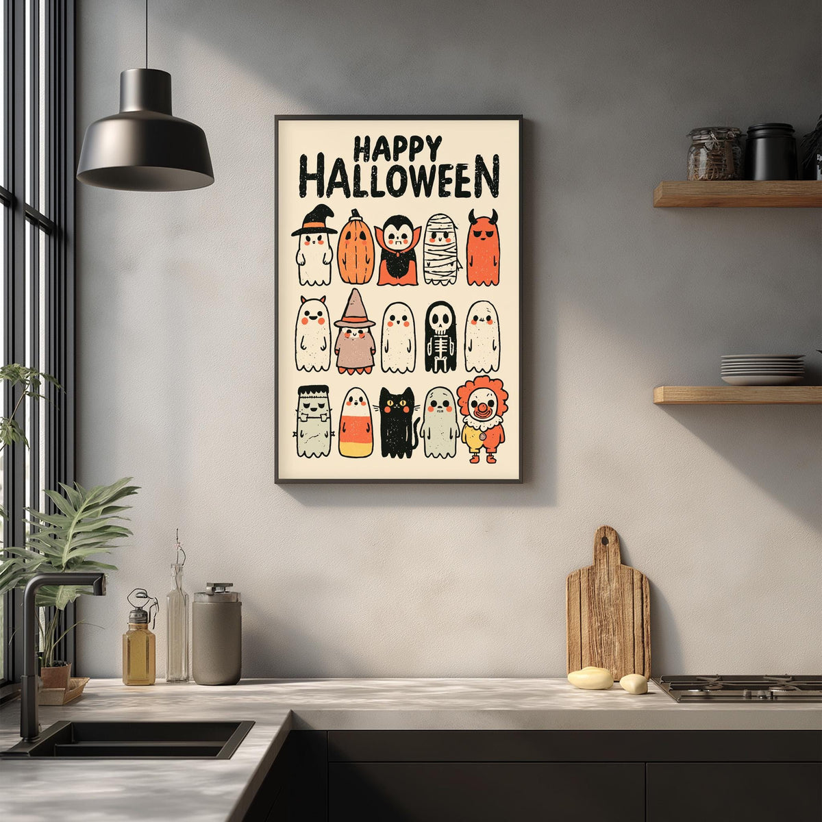 a kitchen counter with a framed poster of various cartoon-style ghost characters hanging on the wall above it.