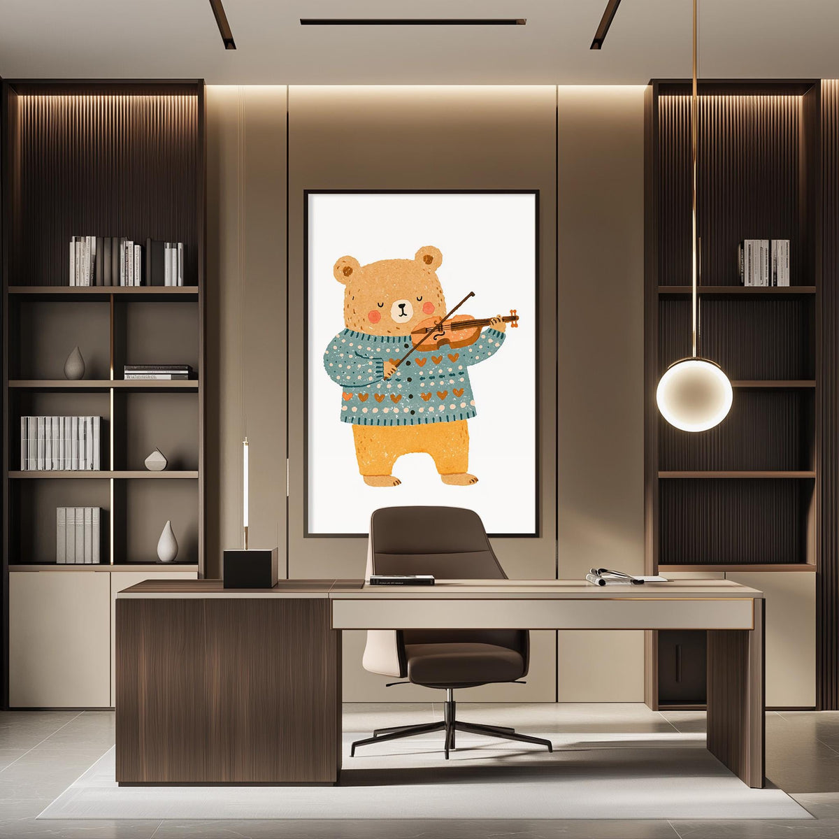a modern office space with a large framed illustration of a bear playing a violin on the wall. The office has a wooden desk, a chair, and a bookshelf filled with books.