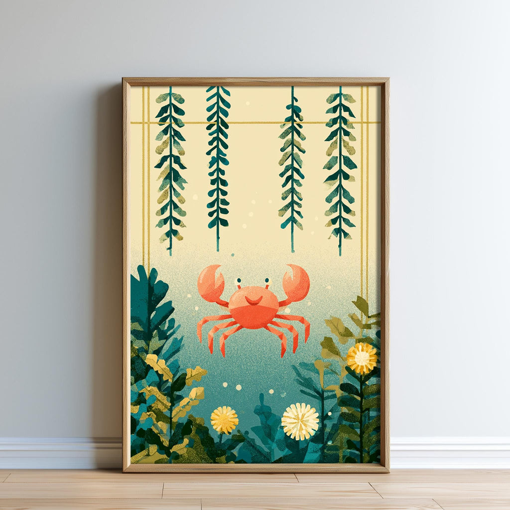 The image is a framed print depicting a vibrant underwater scene with a crab, plants, and flowers.
