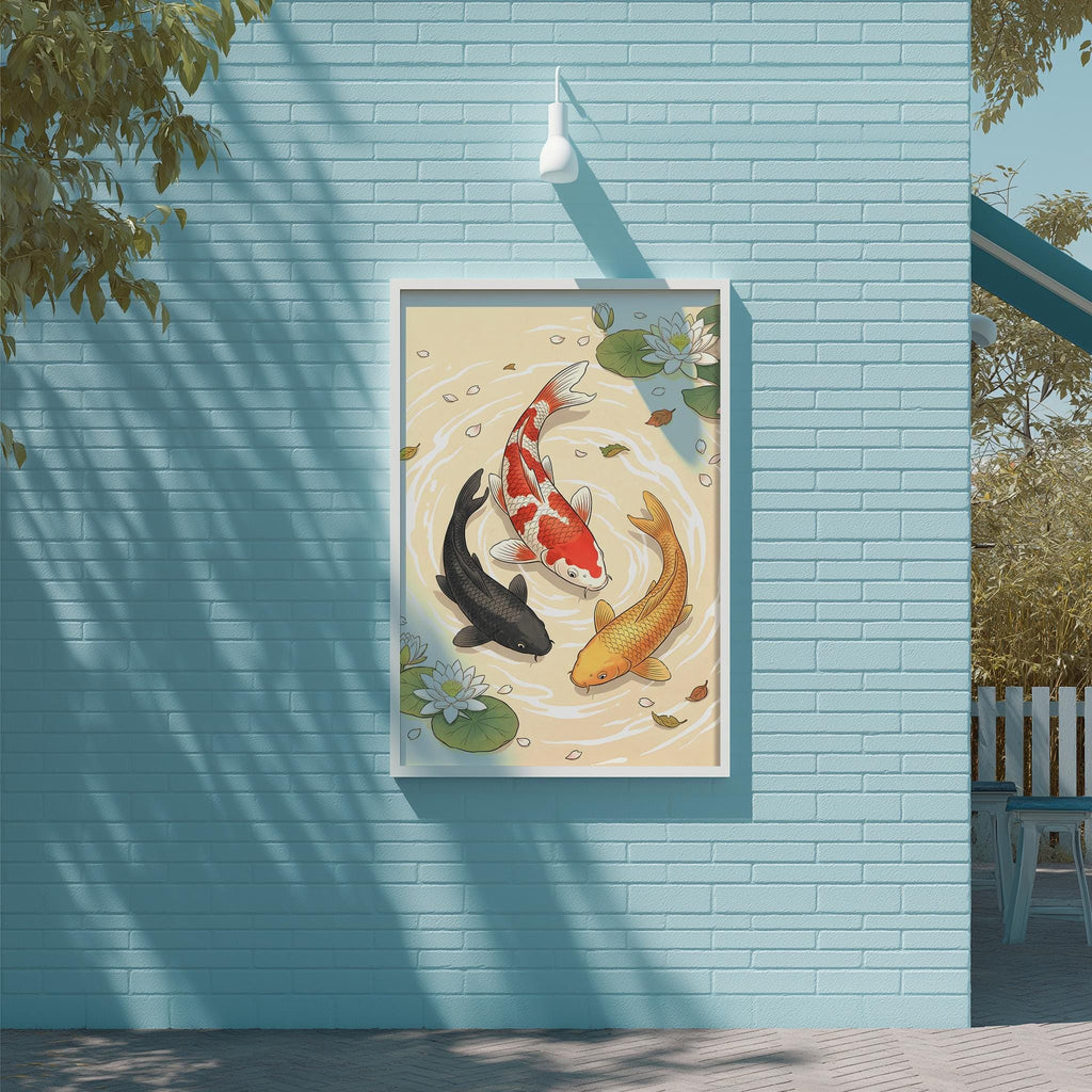 a blue wall with a framed painting of three koi fish swimming in a pond, surrounded by lily pads and leaves.