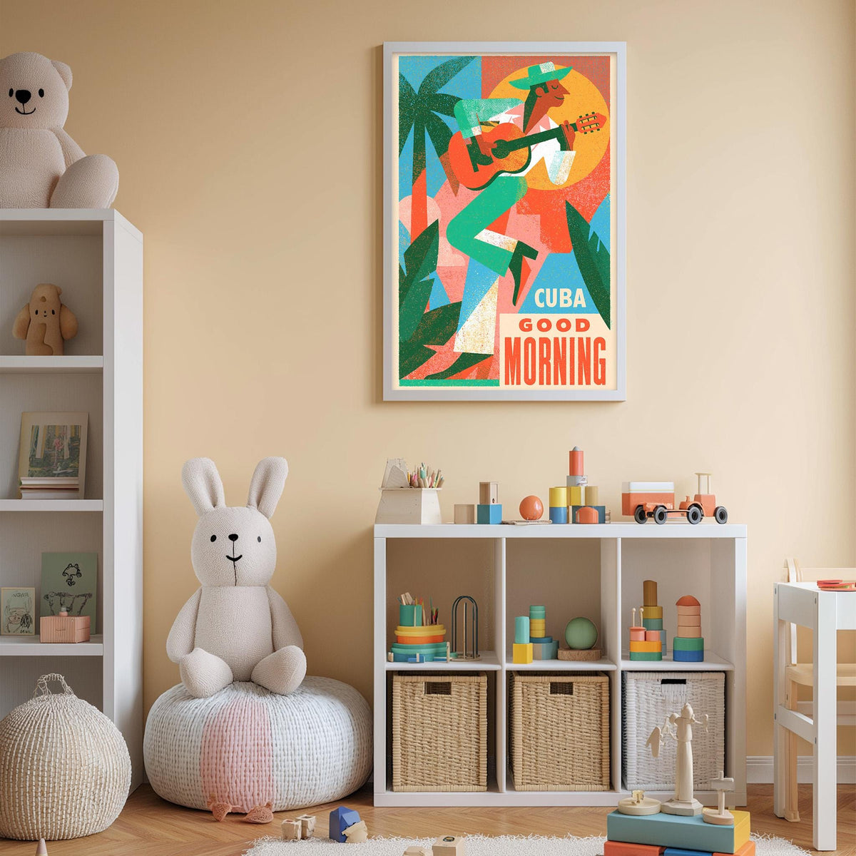 A child's bedroom with a large poster of a man playing guitar and the text "CUBA GOOD MORNING" on the wall. The room is decorated with various toys, including a teddy bear, a stuffed rabbit, and a toy guitar. The overall color scheme of the room is predominantly white and beige, with pops of color from the toys and the poster.