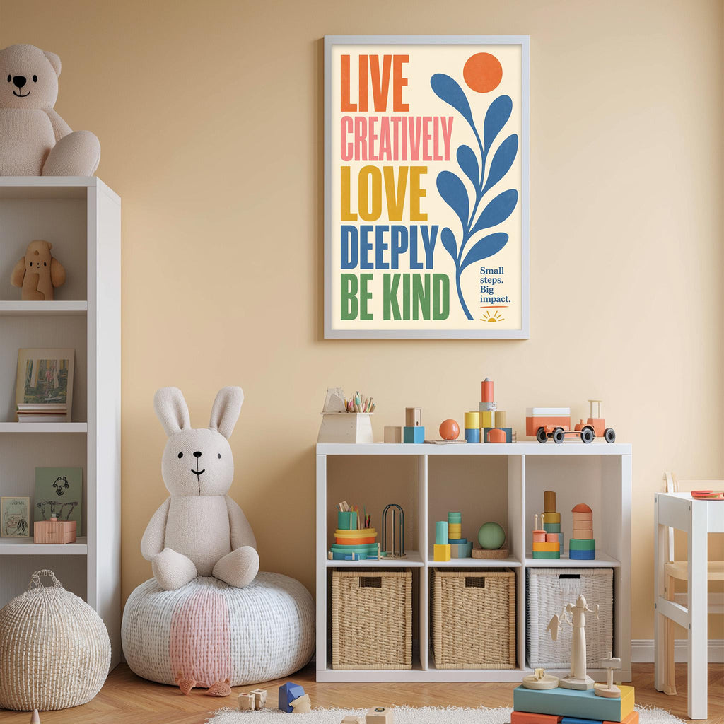 a child's bedroom with a white bookshelf, a stuffed rabbit, and a colorful poster on the wall.