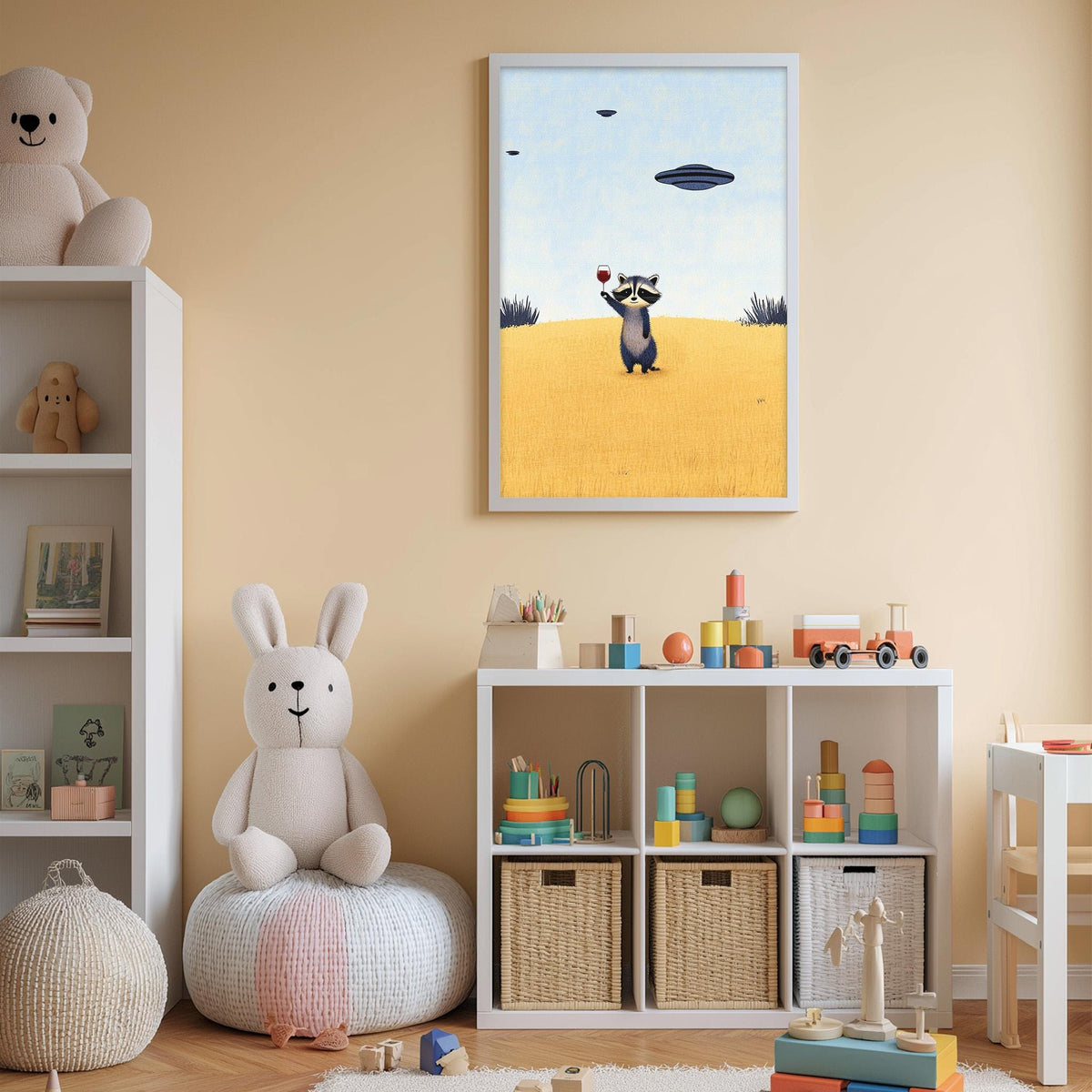 a child's bedroom with a white bookshelf, a stuffed rabbit, a toy train, and a framed picture of a raccoon on a yellow field.
