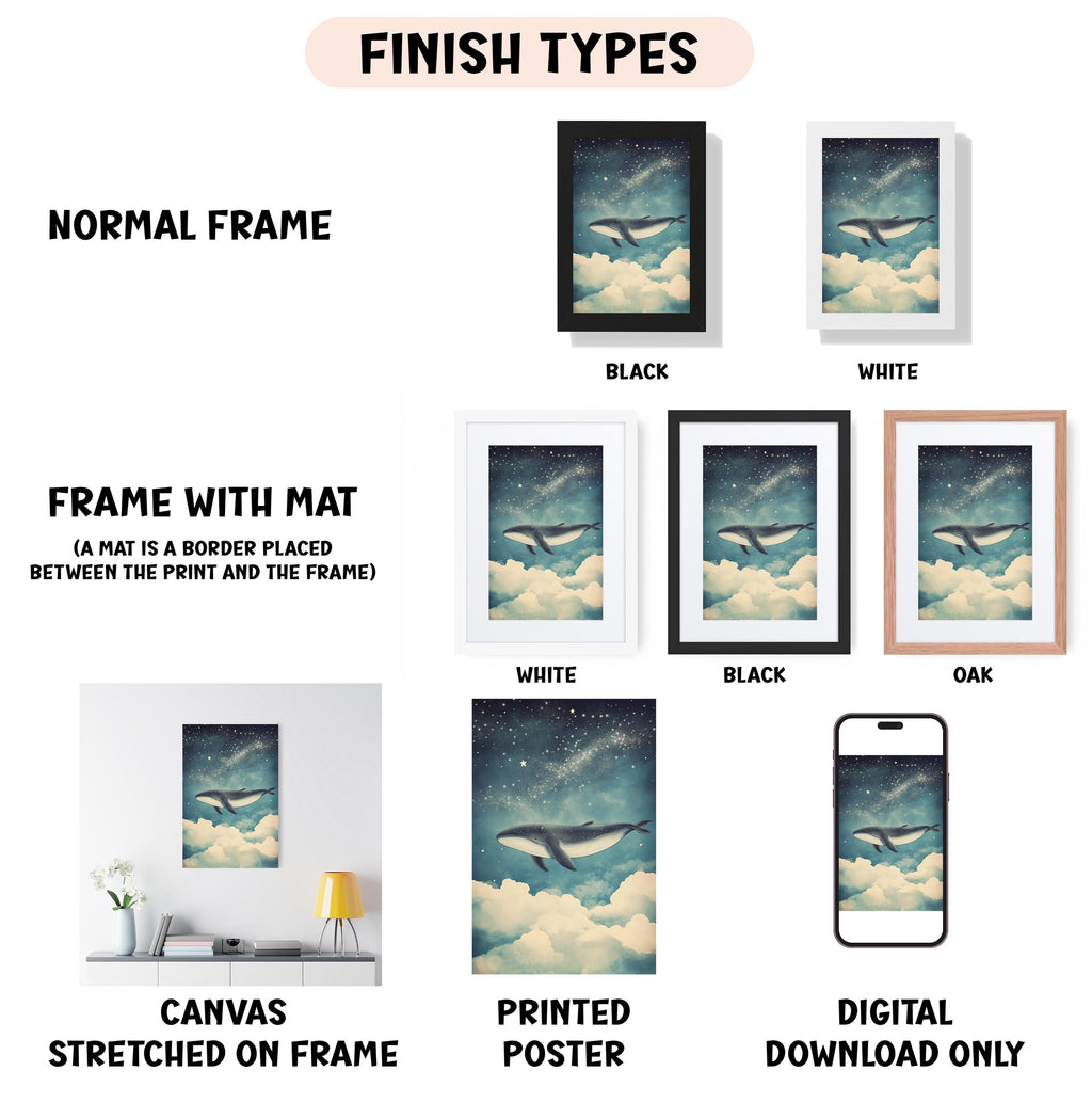 various framed artworks, including a whale painting, a framed poster, and a digital poster, each with different frame colors and styles.