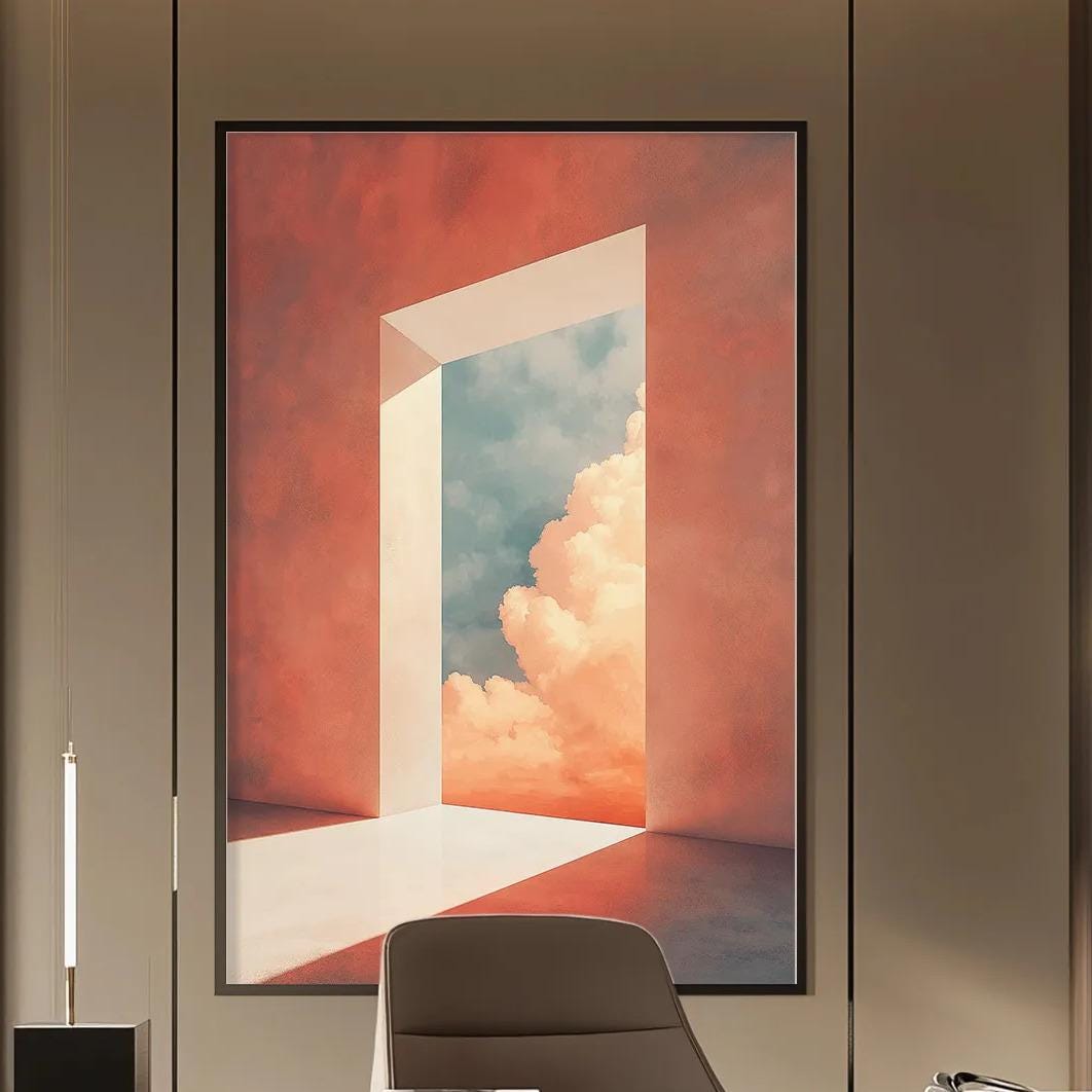a modern and stylish office space with a large abstract painting on the wall, a wooden desk with a chair, and built-in bookshelves.