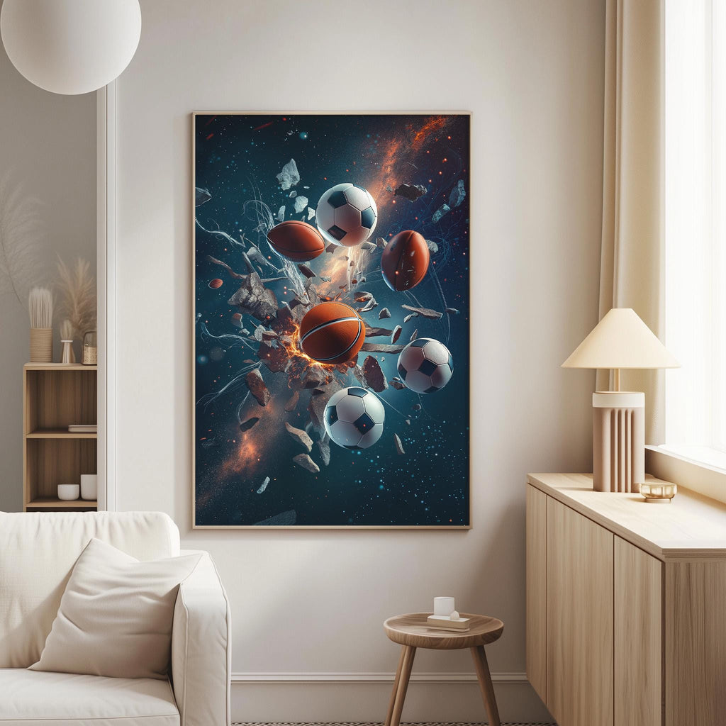 All Sports Wall Art Poster, Basketball Football Baseball Soccer Collision Print, Epic Man Cave Game Room Decor