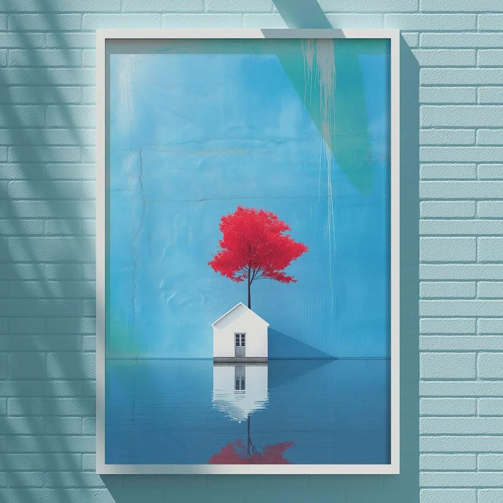 a blue brick wall with a framed painting of a red tree on it.