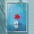 a blue brick wall with a framed painting of a red tree on it.