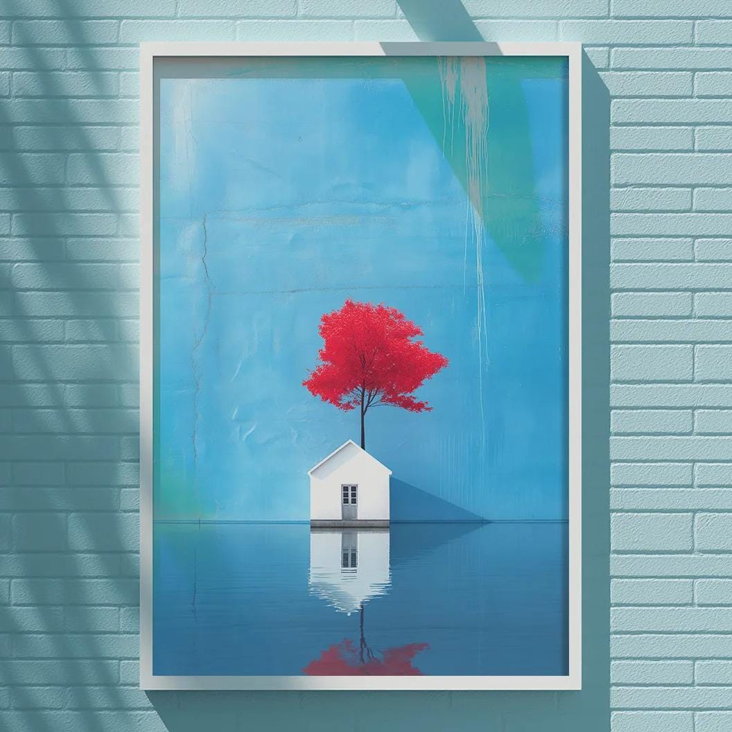 a blue brick wall with a framed painting of a red tree on it.