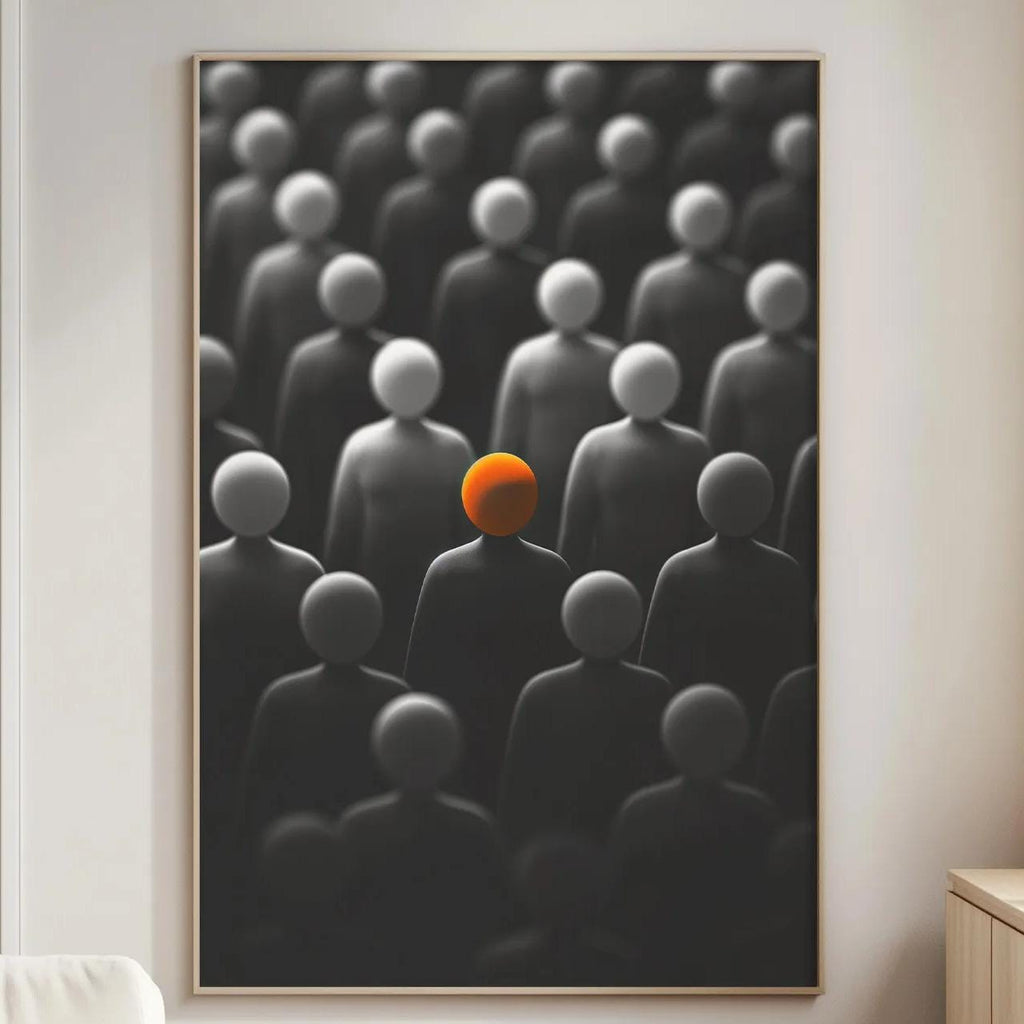 a large black and white abstract painting hanging on a wall in a living room.