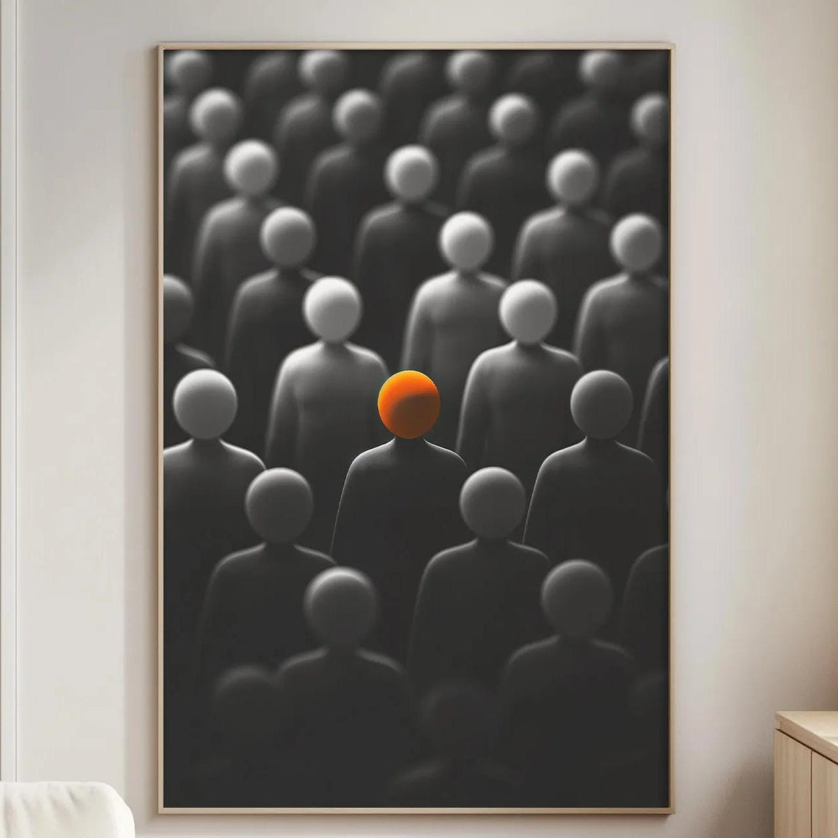 a large black and white abstract painting hanging on a wall in a living room.