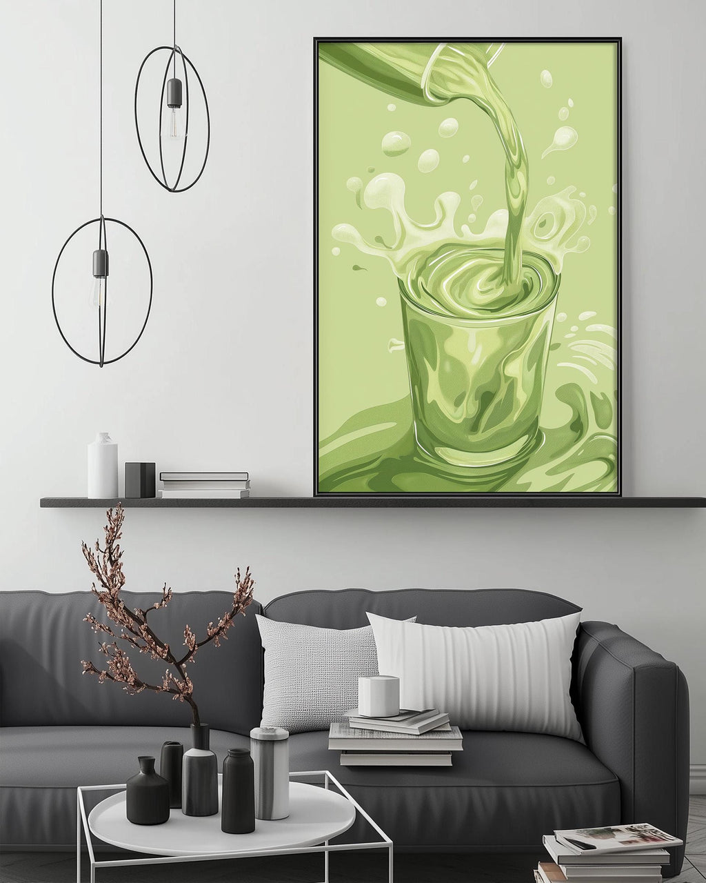 a modern living room with a gray sofa, a coffee table, and a large framed artwork depicting a glass of green liquid being poured.