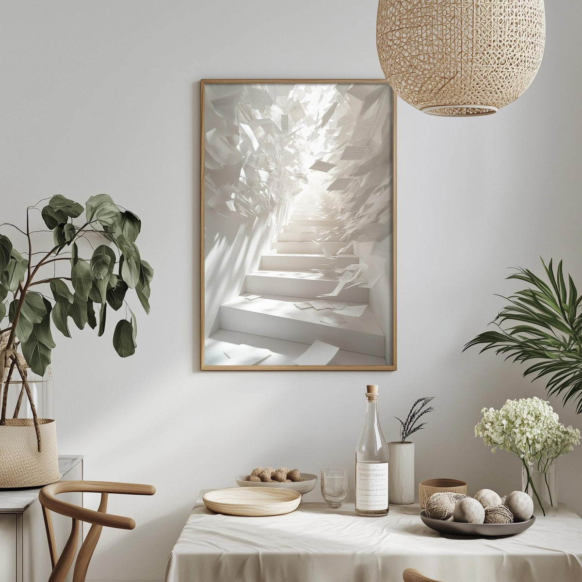 a minimalist dining room with a white tablecloth, a framed picture of a staircase, and various decorative elements such as potted plants, vases, and a bowl of fruit.