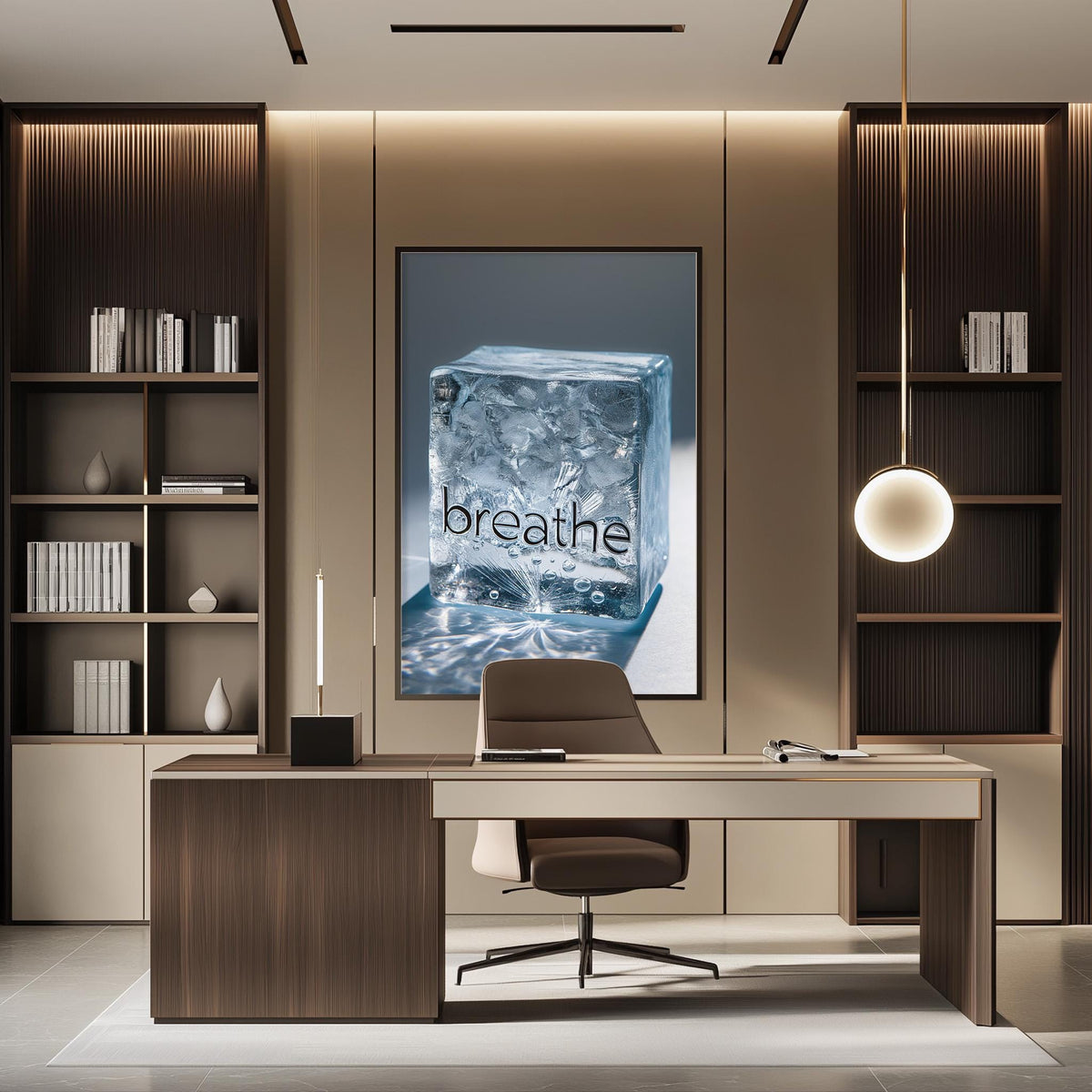 a modern office space with a desk, chair, and bookshelves. A large ice cube with the word "breathe" written on it is displayed on the wall, and a pendant light hangs above the desk.