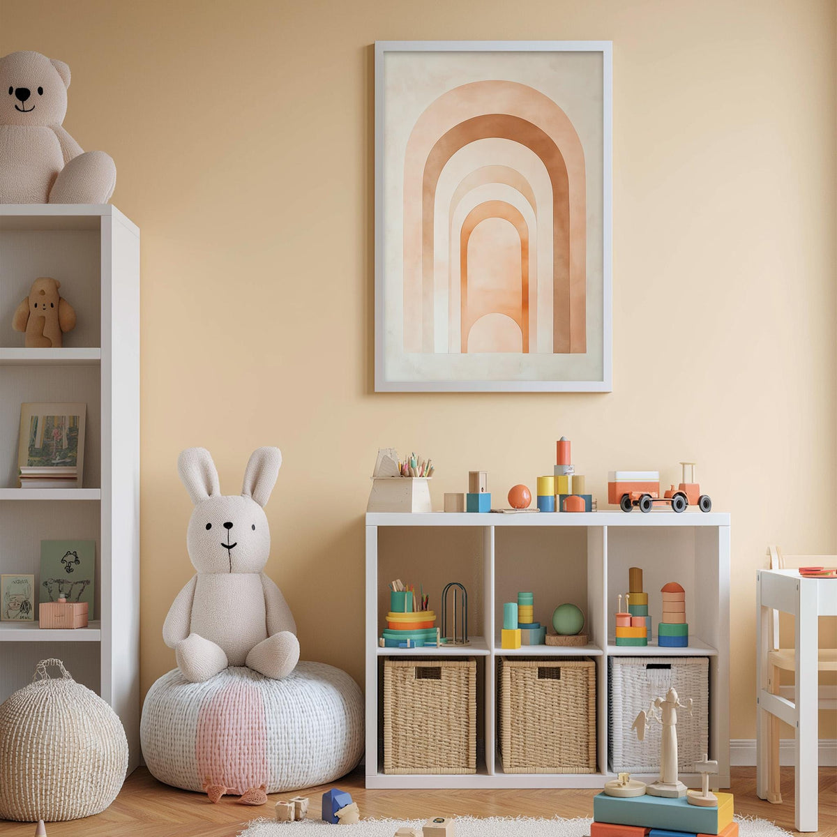 A cozy and colorful children's bedroom with a large stuffed rabbit, a bookshelf, and a toy train set. The walls are painted a light peach color, and there is a framed picture hanging above the bookshelf.