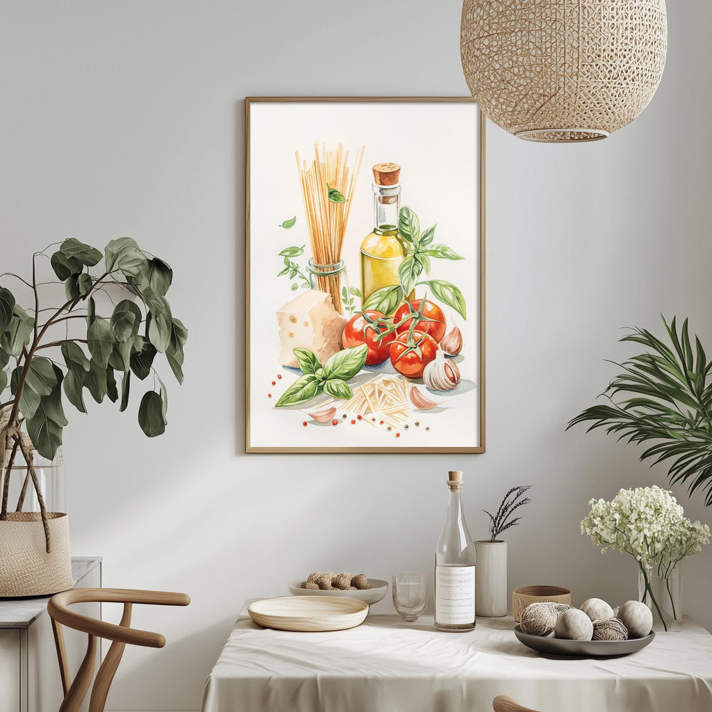 a dining table with a white tablecloth, a bowl of fruit, a bottle of olive oil, a bottle of balsamic vinegar, and a framed painting of fresh produce.