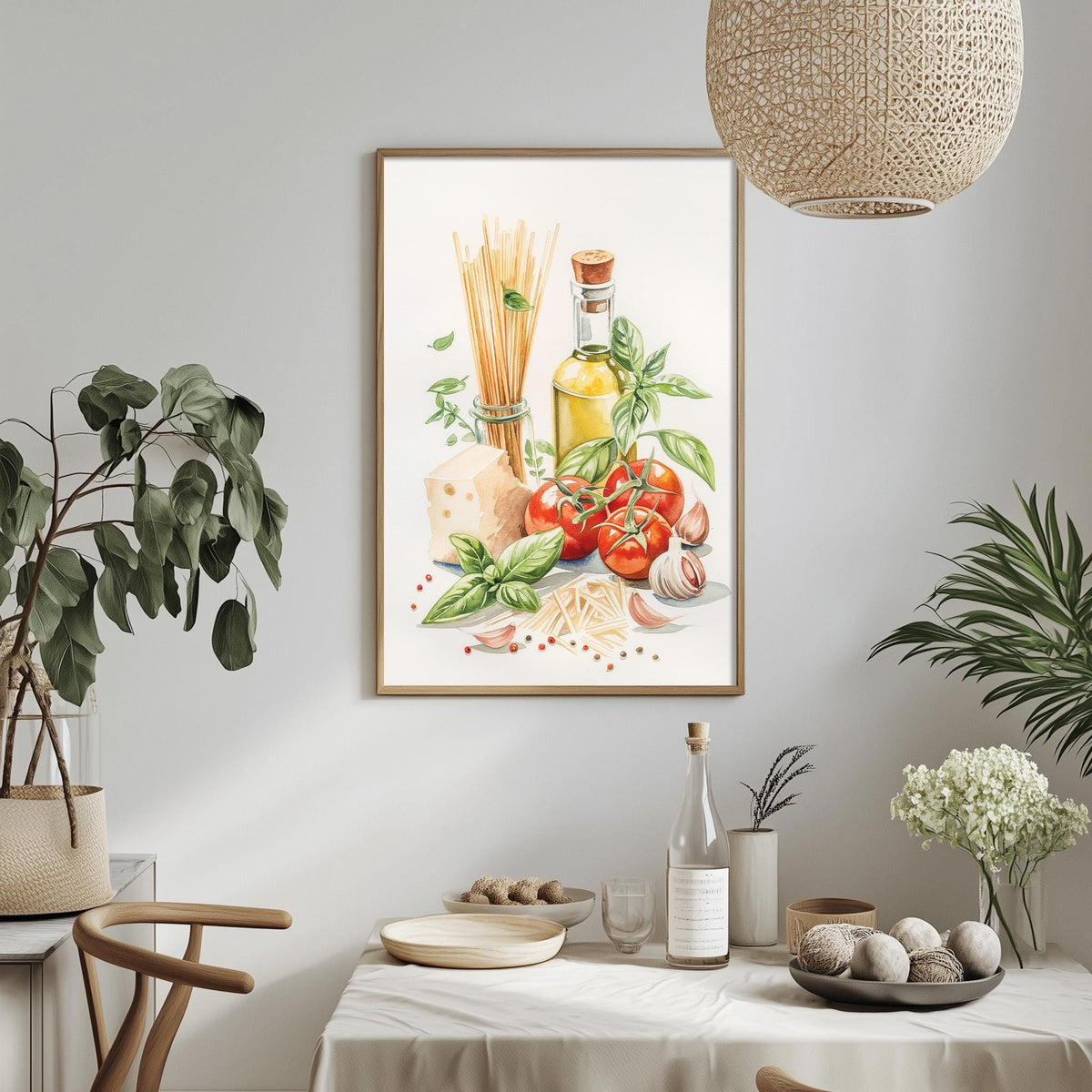 a dining table with a white tablecloth, a bowl of fruit, a bottle of olive oil, a bottle of balsamic vinegar, and a framed painting of fresh produce.