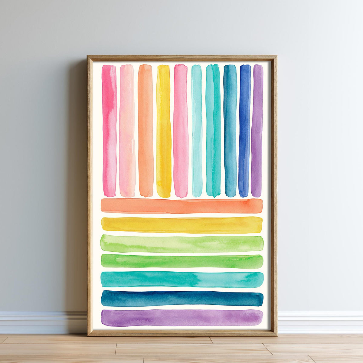 a vibrant, abstract watercolor painting with a rainbow-like color gradient. The painting is framed and displayed on a wall, creating a visually striking and cheerful atmosphere.