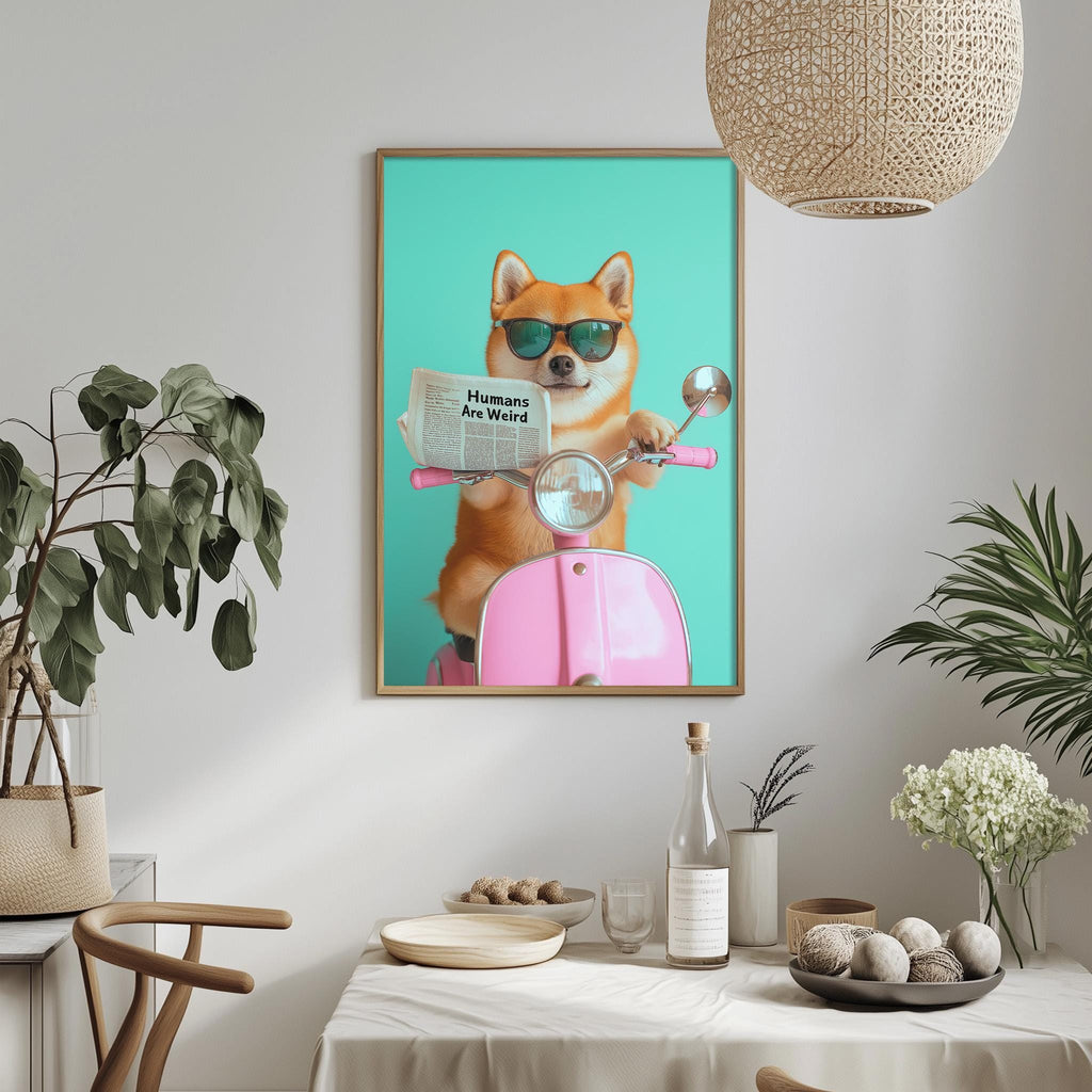 a dog wearing sunglasses and holding a newspaper, sitting on a pink scooter. The dog is surrounded by various decorative elements, such as potted plants, vases, and bowls, creating a cozy and stylish atmosphere.