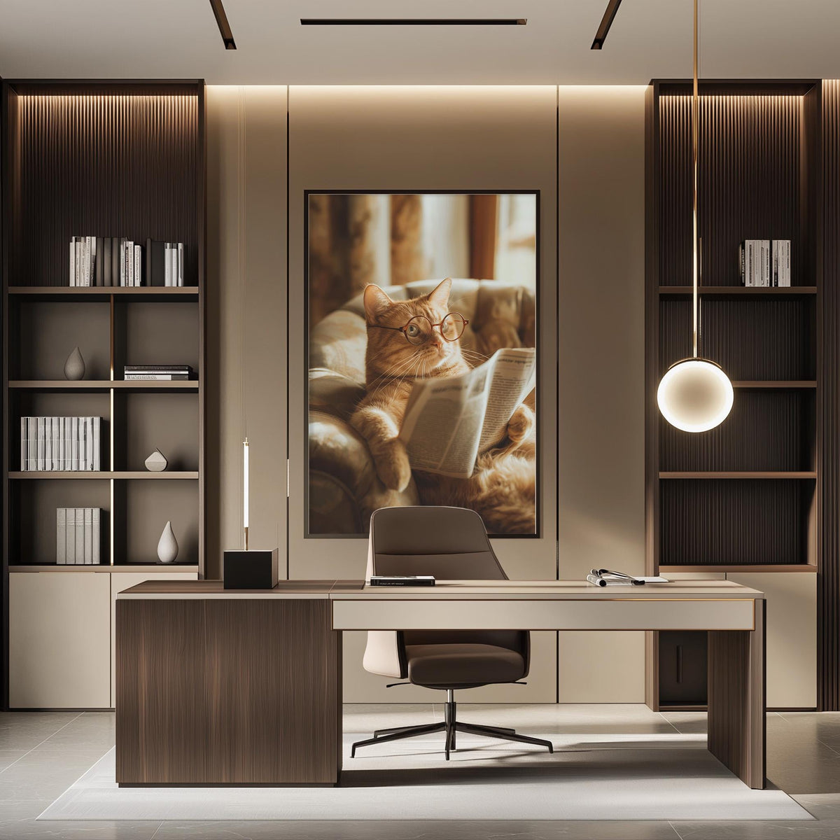 a modern office space with a large framed picture of a cat on the wall, a wooden desk with a chair, and a bookshelf filled with books.