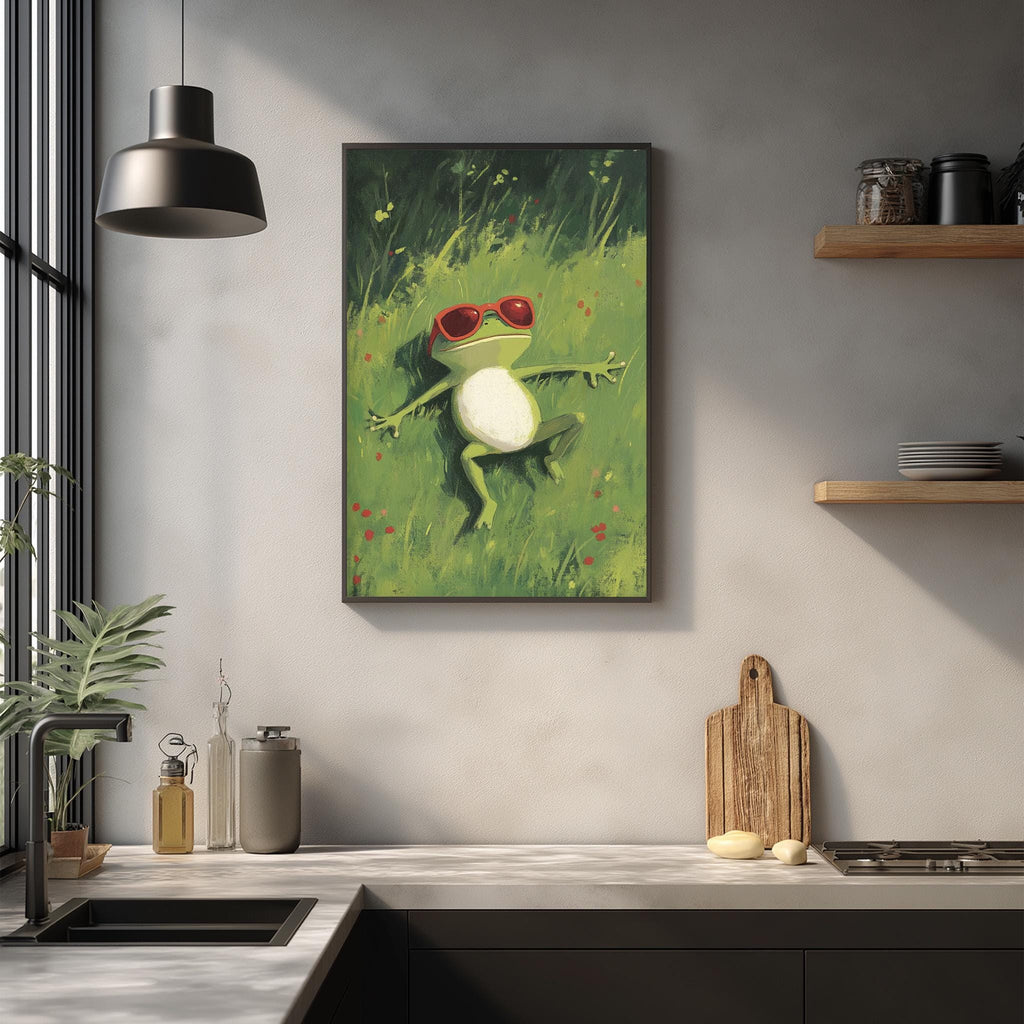 a framed painting of a frog in a grassy field, hanging on a wall above a kitchen counter.